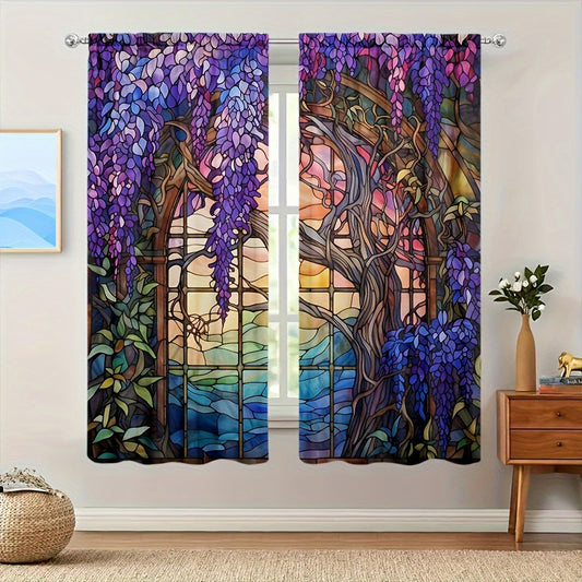 2pcs Stained Glass Flower Wisteria Printed Curtain For Home Decor Rod Pocket Window Treatment For Bedroom, Office, Kitchen, Living Room, And Study