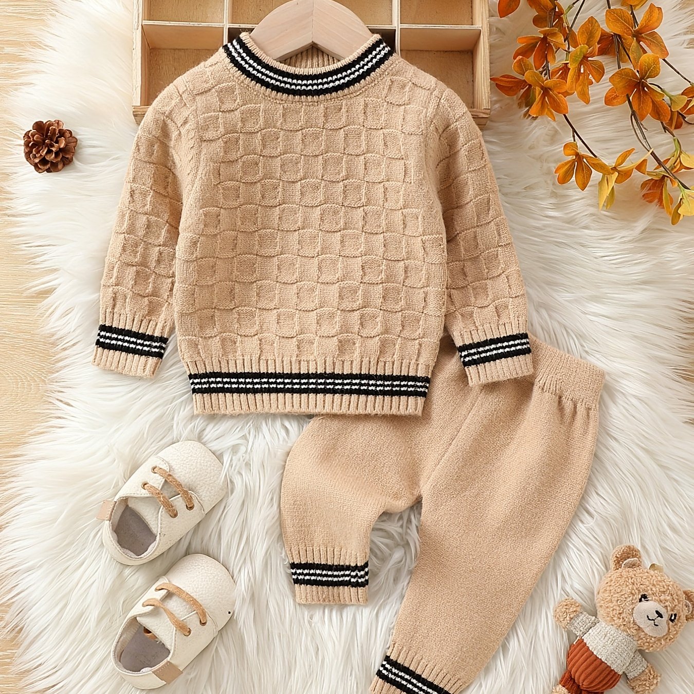 Baby Boy Autumn And Winter Basic Knitted Sweater Set, Kids Pants Pullover Top Set Casual Clothes