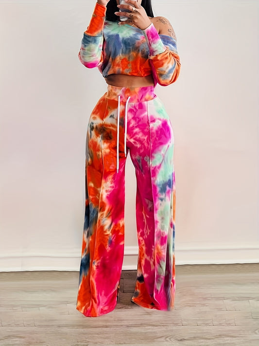 Trendy Tie Dye Two-piece Outfit Set - Soft Long Sleeve Crop Top & Adjustable Drawstring Pants - Casual, Comfortable, and Flattering Womens Clothing