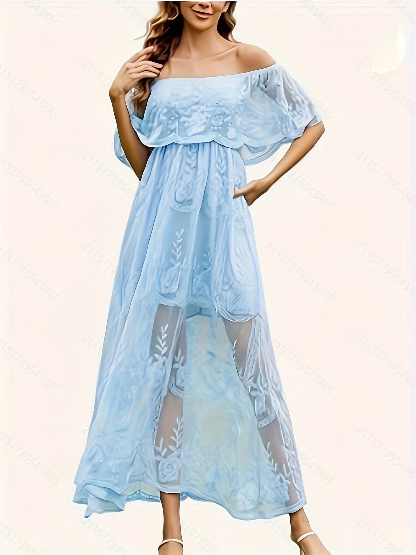 Women's Casual Off Shoulder Lace Flared Sleeve Long Dress Bohemian Bridesmaid Wedding Evening Dress With High Waist, Loose Fit, Elastic Blue Waist And Shoulders