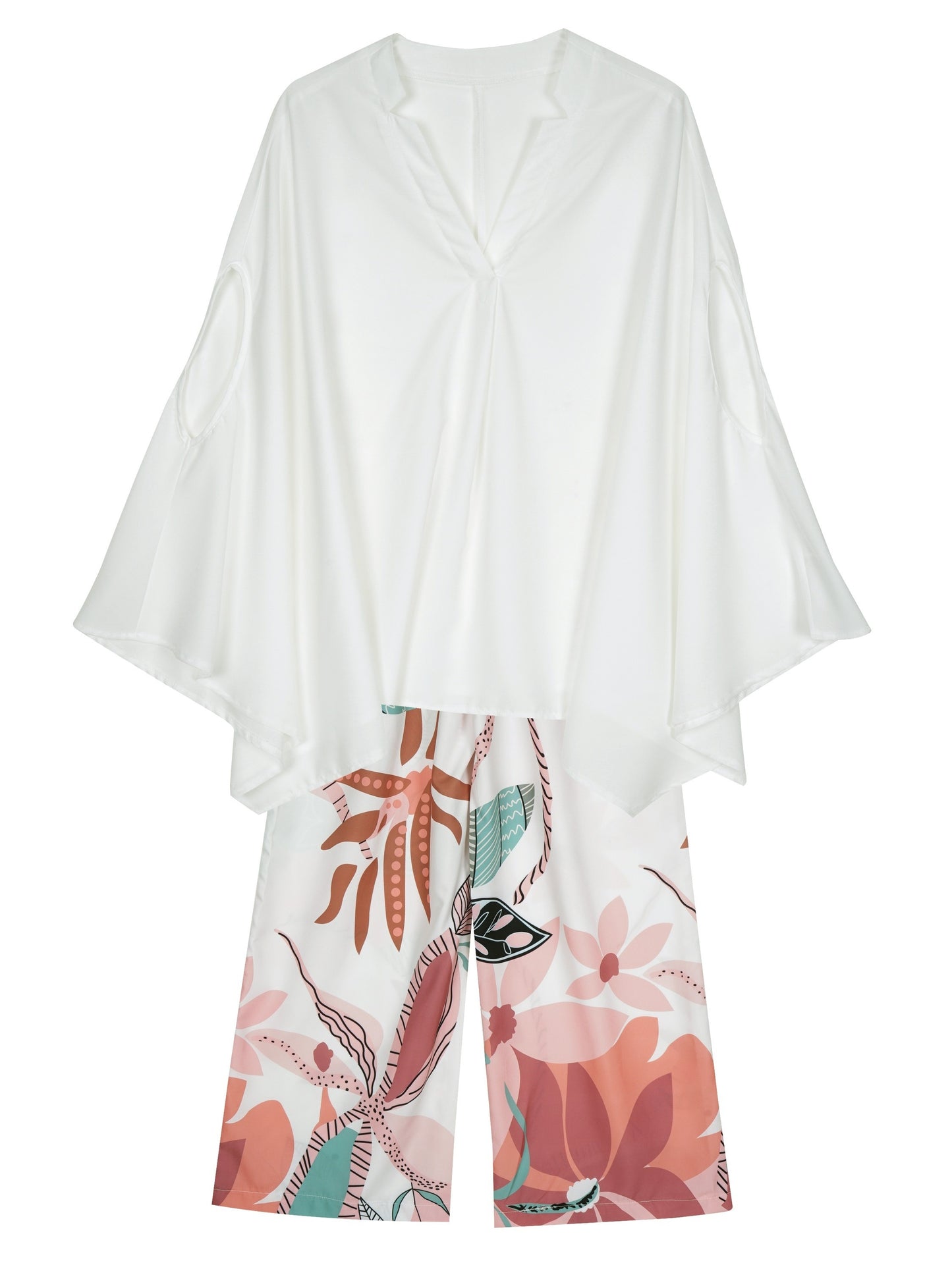 chic Womens Two-piece Outfit Set - Relaxed Fit V-neck Top with Boho Batwing Sleeves & Exotic Tropical Print Wide Leg Pants - Casual Fashion Clothing Ensemble