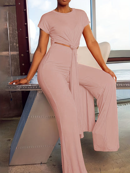 Two-Piece Casual Matching Set - Crew Neck Split T-Shirt & Wide Leg Pants Outfit with Micro Elasticity, Polyester Fabric, Solid Color, and Knit Construction for All Seasons