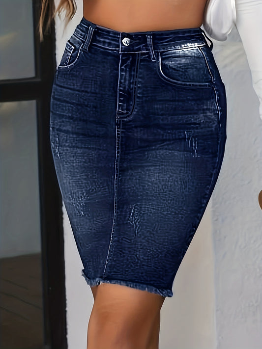 Midi Slight Stretch Blue Denim Skirt - Slim Fit, Raw Hem, Slant Pockets, Bodycon, Sexy Design - Perfect for Spring, Summer, Fall Seasons