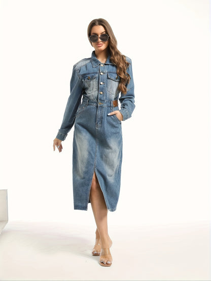 Split Hem Single-breasted Long Sleeve Denim Dress, Lapel Washed Blue Retro Elegant Denim Dress, Women's Denim Jeans & Clothing