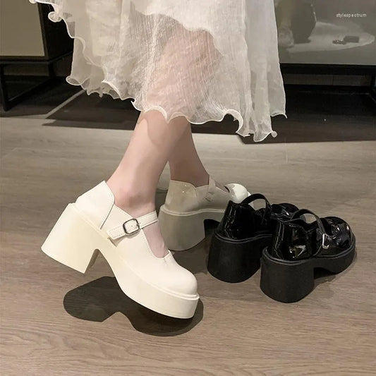 Dress Shoes  Fashion White Platform For Women High Heels Buckle Strap Mary Jane Woman Thick Heeled Party Ladies