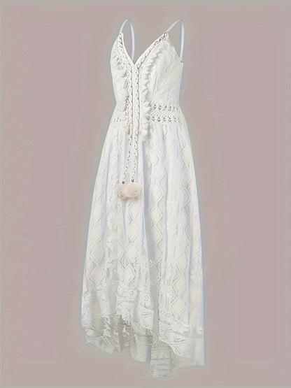 Chic Sleeveless Lace Cami Dress - Elegant Dipped Hem & Tassel Detail - Versatile for Evening & Casual Wear