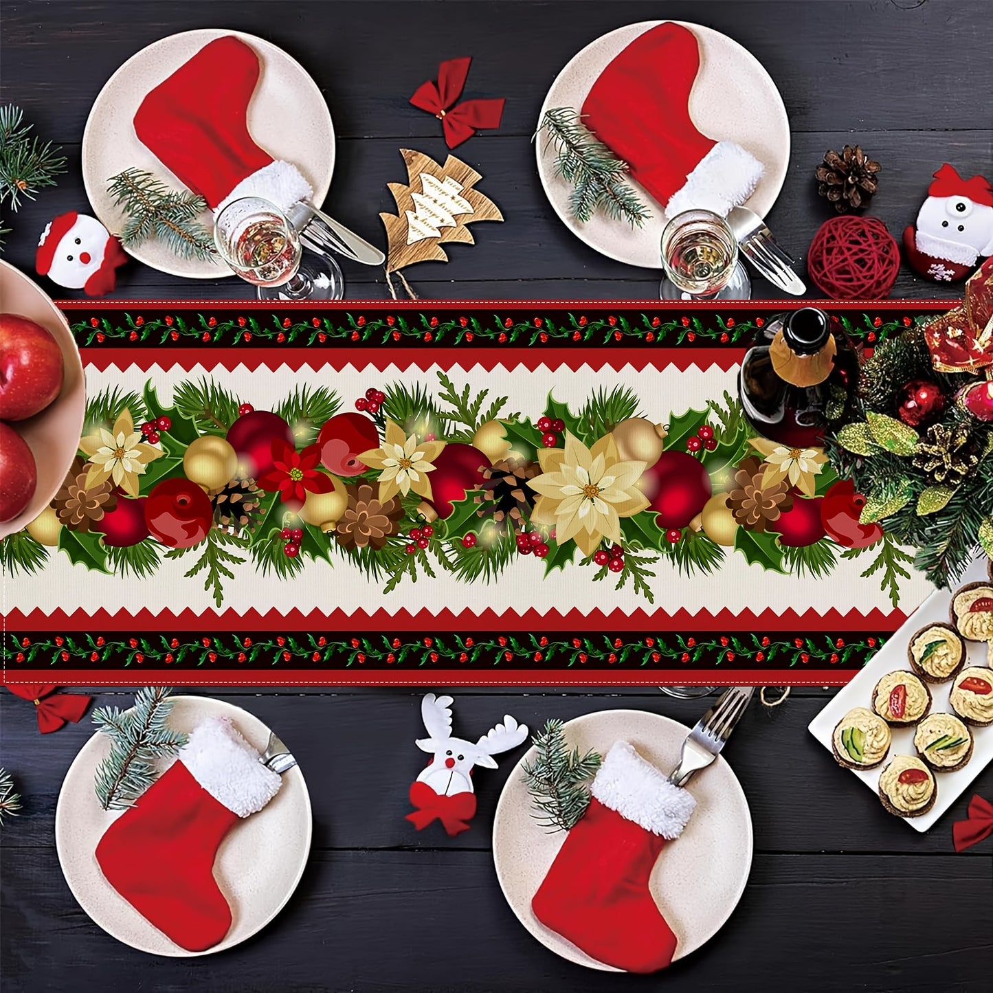 13" x 72" Festive Striped Table Runner - Vibrant Polyester Rectangular Cloth with Floral and Bell Design, Machine Washable, Fade Resistant, and Easy to Clean for Holiday Dining Decorations