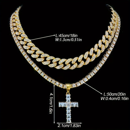 2pcs/Set Hip-hop Miami Cuban Chain Zircon Cross Necklace For Women Men Iced Out Rhinestone Rapper Punk Unisex Necklace Jewelry Gifts