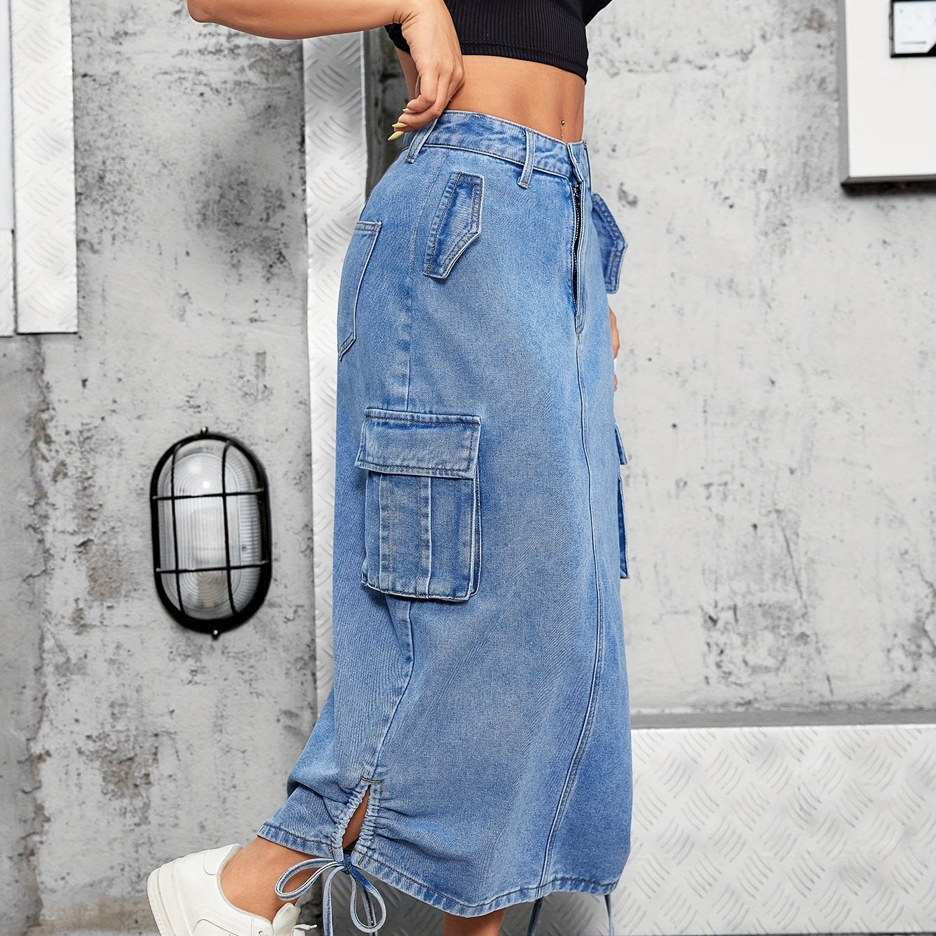 Womens Classic Maxi Denim Skirt - Soft Light Washed Blue with Adjustable Side Drawstring, Stylish Multi-Pocket Cargo Design, and Durable Denim Material for Comfortable Everyday Wear