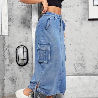 Womens Classic Maxi Denim Skirt - Soft Light Washed Blue with Adjustable Side Drawstring, Stylish Multi-Pocket Cargo Design, and Durable Denim Material for Comfortable Everyday Wear