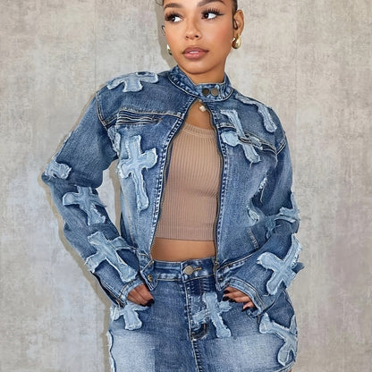 Mid Waist Brief Stretchy Denim Skater Skirt - Embroidered, Patchwork, Frayed Accents, High Stretch Fabric, Street Style, Casual Summer Fashion, Customized, Slim Fit, Woven, No Printing, Spring/Summer/Fall Wear