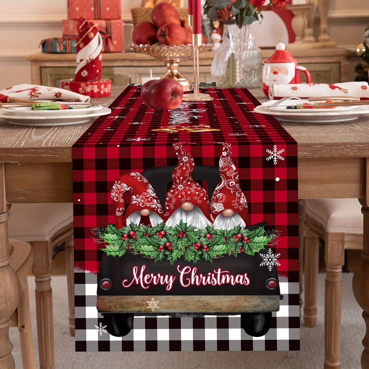 1PC Festive Christmas Gnome Table Runner - Woven Polyester Rectangular Dining Decor with Whimsical Driving Gnome Design, Vibrant Holiday Colors, and Durable Construction for Joyful Holiday Party & Christmas Gatherings, Perfect Festive Home Tabletop Access