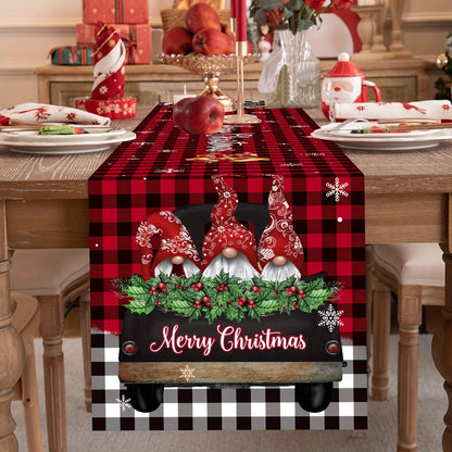1PC Festive Christmas Gnome Table Runner - Woven Polyester Rectangular Dining Decor with Whimsical Driving Gnome Design, Vibrant Holiday Colors, and Durable Construction for Joyful Holiday Party & Christmas Gatherings, Perfect Festive Home Tabletop Access
