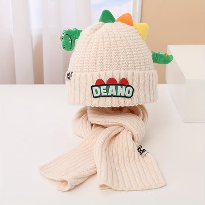 Children's Dinosaur Knit Beanie and Scarf Set Polyester - Hand Wash Stretch Fit Cartoon Dinosaur Pattern - Lightweight Fall/Winter Cap for Daily, Casual, Travel, Birthday Parties - Fits Ages 3-14 (Pack of 2)