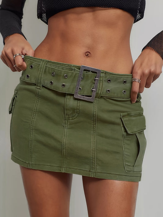 Mini Bodycon Cargo Skirt with Pockets - Adjustable Belt, Non-Stretch Cotton, Brief Length, Solid Green, Street Style Fashion for Spring, Summer, and Fall Seasons