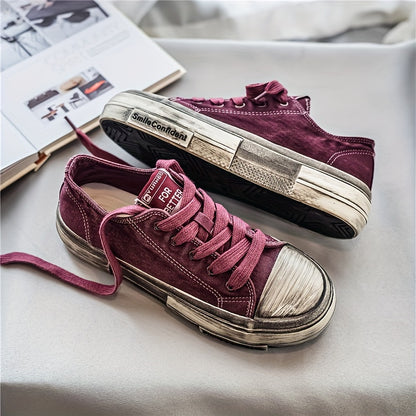 Authentic Vintage Style Men's Canvas Skate Shoes - Distressed Solid Color Lace-Up Low Top Sneakers with Round Toe for Casual Daily Wear, All-Season Fabric Lined Rubber Sole Skateboarding Shoes