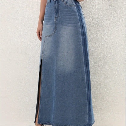 Elegant High Waist Ombre Denim Maxi Skirt with Slit | Versatile & Easy-Care - Perfect for Spring to Fall