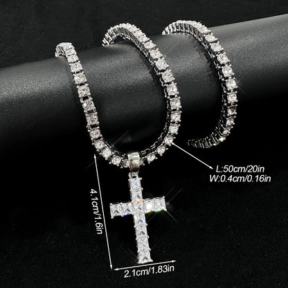 2pcs/Set Hip-hop Miami Cuban Chain Zircon Cross Necklace For Women Men Iced Out Rhinestone Rapper Punk Unisex Necklace Jewelry Gifts