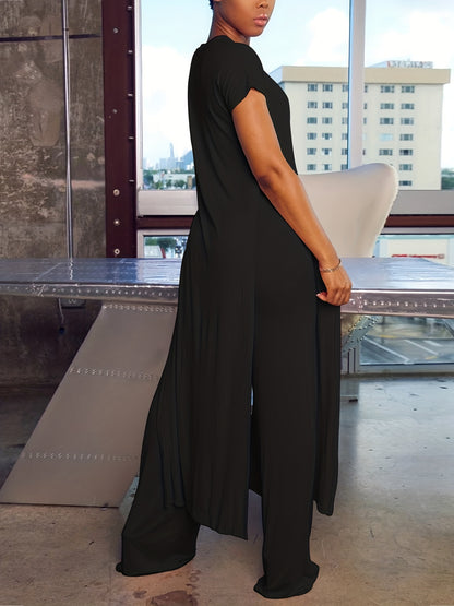Two-Piece Casual Matching Set - Crew Neck Split T-Shirt & Wide Leg Pants Outfit with Micro Elasticity, Polyester Fabric, Solid Color, and Knit Construction for All Seasons