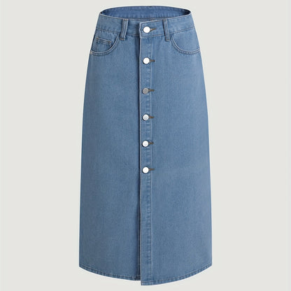 High-Waisted Relaxed-Fit Denim Skirt - Button-Up Front Closure, Comfortable High-Quality Denim Material - Vibrant Blue Color, Womens Casual Fashion Essential