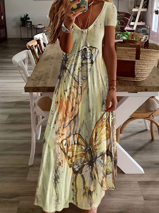 Butterfly Print V-Neck Casual Dress - Lightweight & Feminine for Spring & Summer - Short Sleeve, Comfortable Fit - Trendy Womens Clothing for Warm Weather