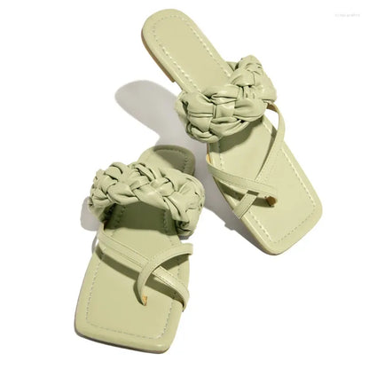 Slippers Women's  Summer Sandals Casual Weave Sexy Outdoor Flip Flops Female Cross-tied Slides Flat Square Heel Plus Size 43
