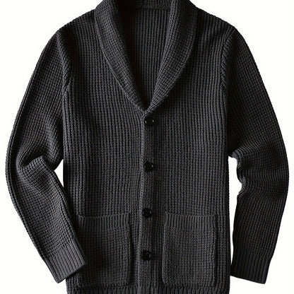 Mens Long Sleeve Green Shawl Collar Solid Color Acrylic Knit Cardigan Sweater with Pocket - Soft, Slight Stretch Fabric, Regular Fit, Placket Closure - Perfect for Fall and Winter Seasons