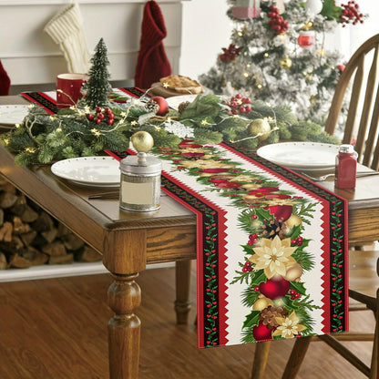 13" x 72" Festive Striped Table Runner - Vibrant Polyester Rectangular Cloth with Floral and Bell Design, Machine Washable, Fade Resistant, and Easy to Clean for Holiday Dining Decorations