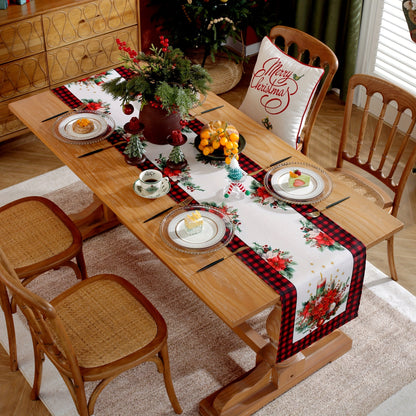 1pc Polyester Christmas Table Runner, Festive Poinsettia & Candle Print, Black & Red Plaid Border, Holiday Table Decor for Home, Family Gatherings, Outdoor Picnics, Kitchen Accessories, Garden Camping, Birthday, Vacation, Wedding Party