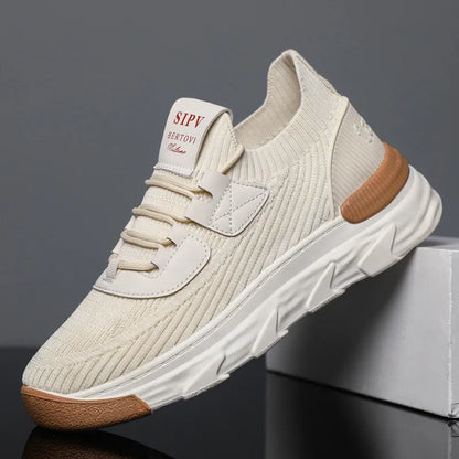 Men Sports Shoes New Lace-up Autumn Plus Size Athleisure Shoes Breathable Knitted Shoes Sneakers Beige Free shipping
