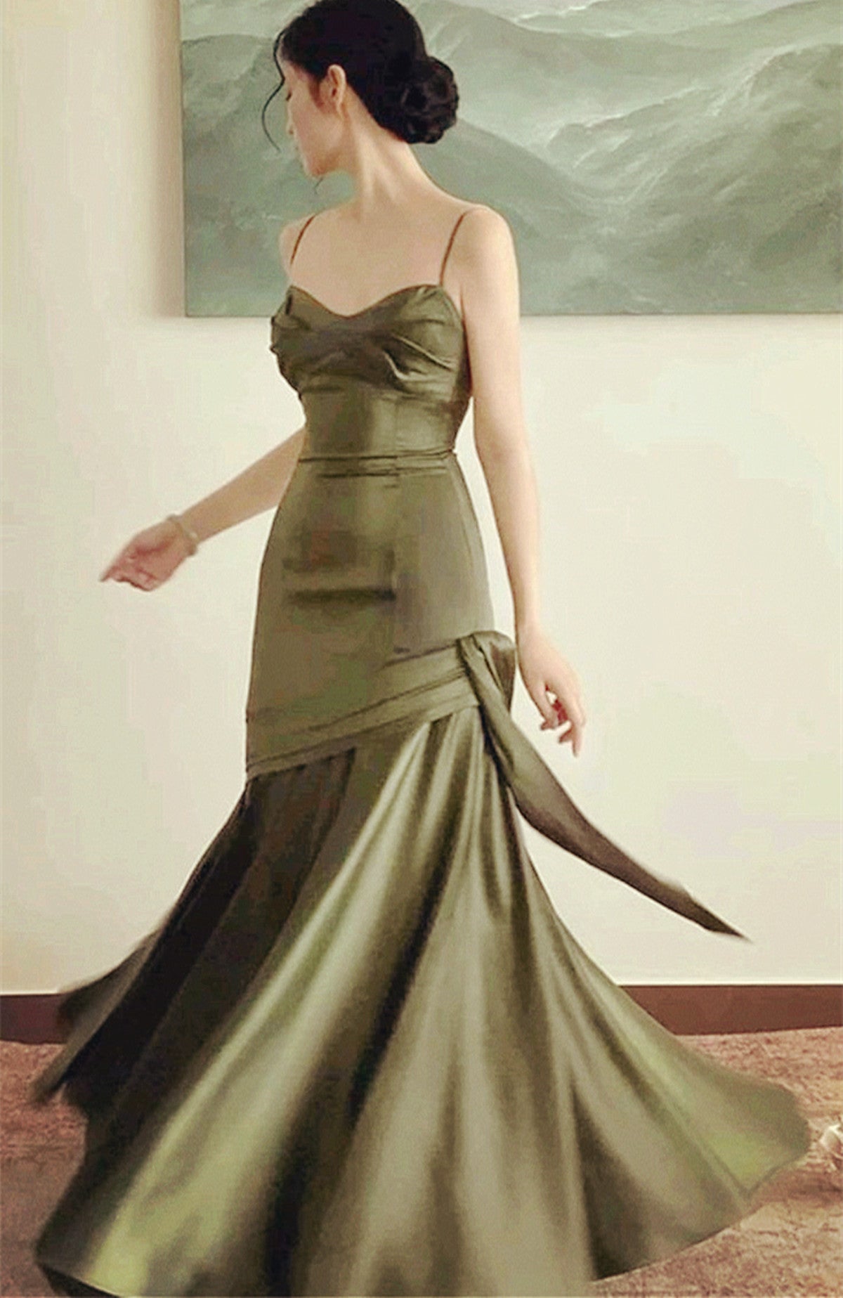 LOVECCRLovely Green Satin Sweetheart Straps Long Party Dress, Green Satin Prom Dress