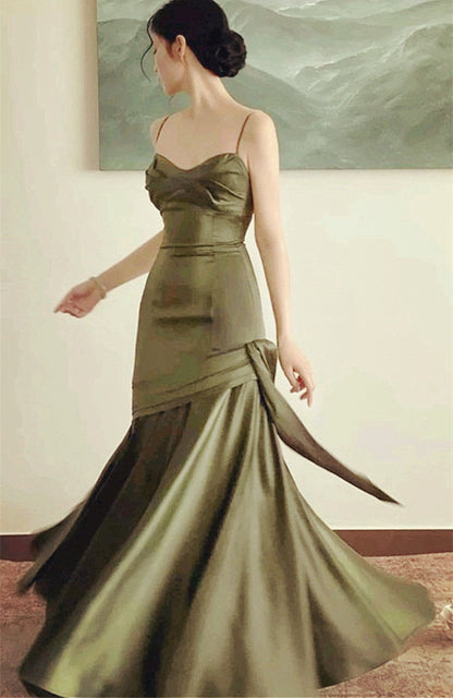 LOVECCRLovely Green Satin Sweetheart Straps Long Party Dress, Green Satin Prom Dress