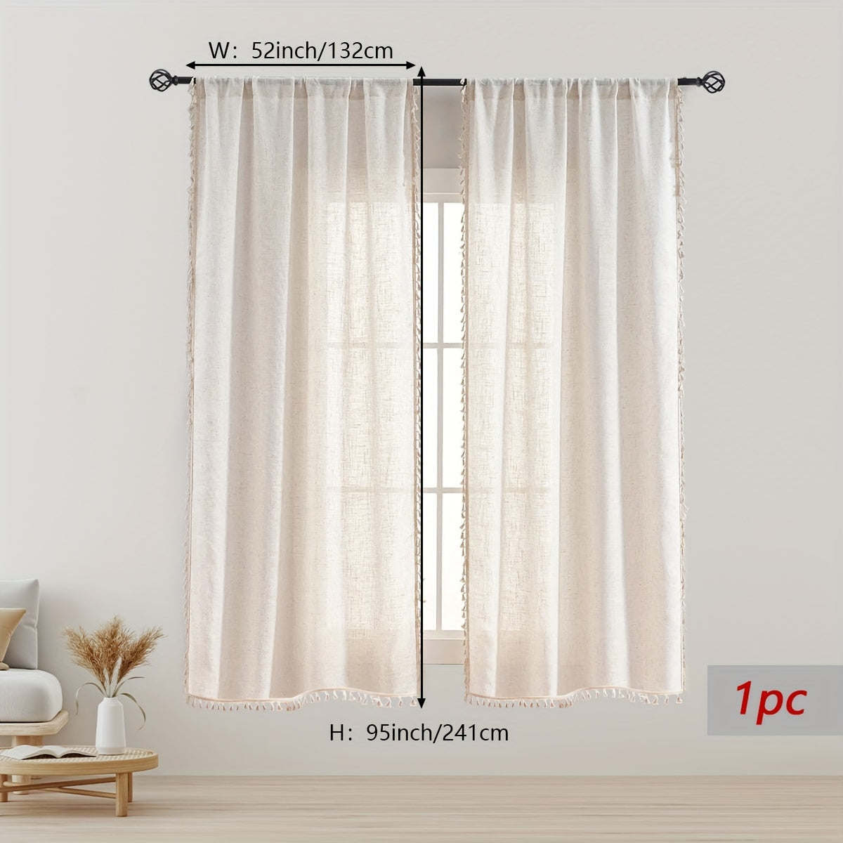 1pc Luxurious Bohemian Cotton and Linen Lace Curtain with Tassel - Elegant Rod Pocket Design for Kitchen, Bedroom, Study, Cafe, Living Room - Home Decor Essential with Natural Texture and Chic Style