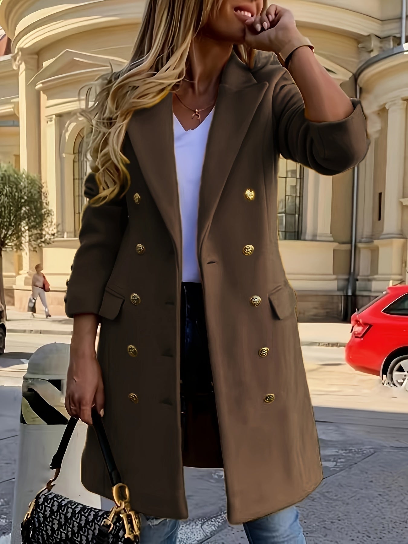 Double-breasted Notched Collar Coat, Elegant Long Sleeve Coat For Fall & Winter, Women's Clothing