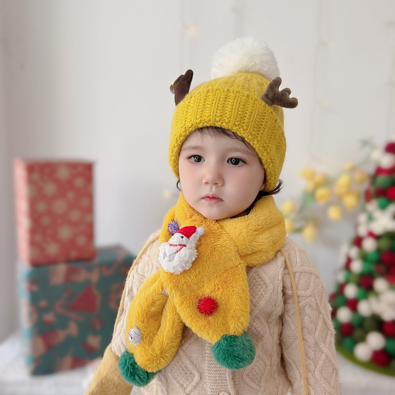 Christmas Elk Antler Knitted Hat & Snowman Scarf & Gloves