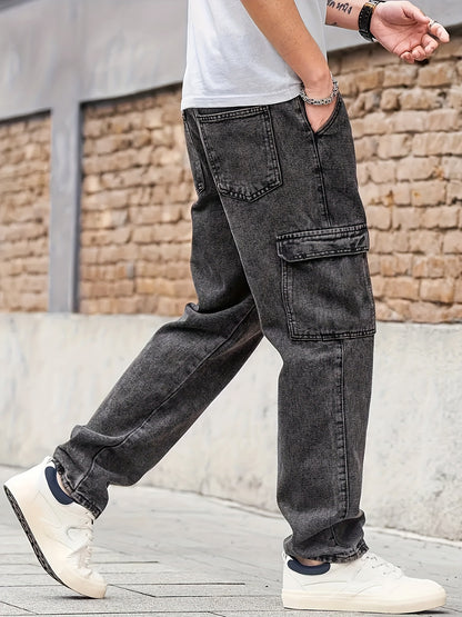 Men's Casual Loose-Fit Jeans - Cotton Blend, Non-Stretch Denim with Pockets, Machine Washable - Perfect for All Seasons