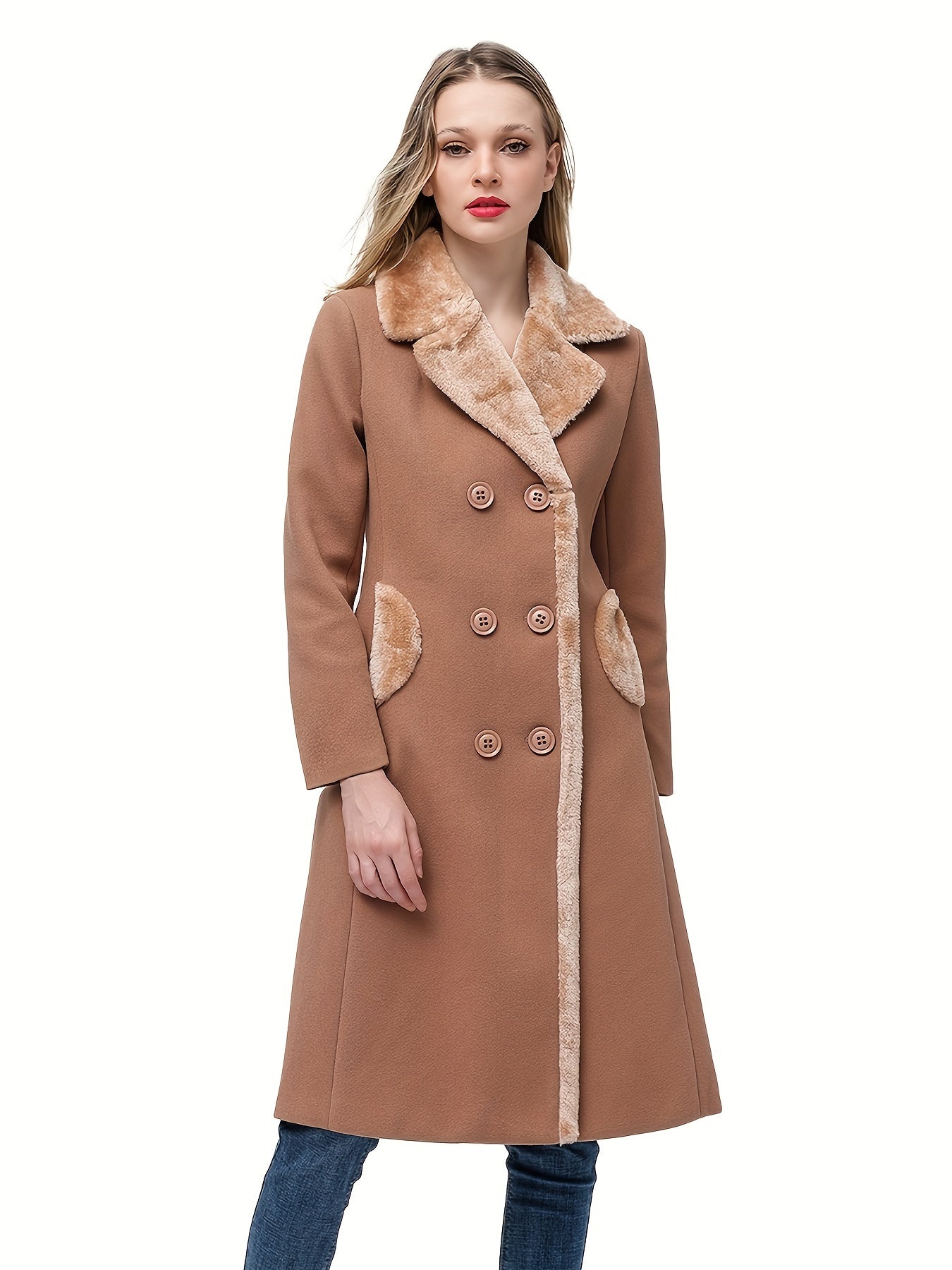 Elegant Women's Double Breasted Long Sleeve Coat for Fall & Winter, Outerwear Clothing