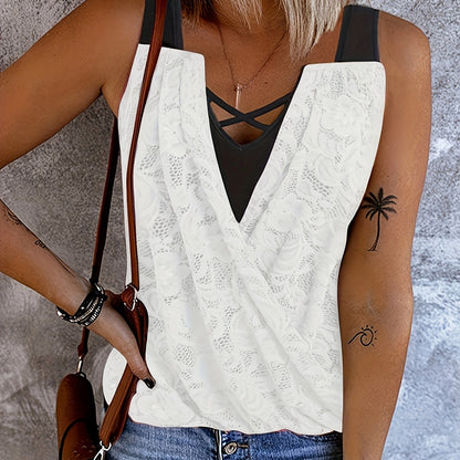 Chic Ruched Sleeveless Tank Top - Lace Detailing, Comfort Fit for Casual Summer Days, Womens Fashion