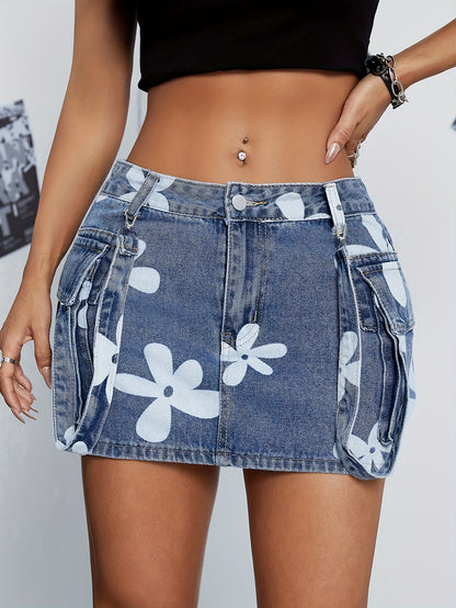 Charming Floral Cargo Denim Skirt - Trendy Unique Design with Flap Pockets, Street-Fashion Style, Perfect for Summer, Casual Chic Mini Skirt