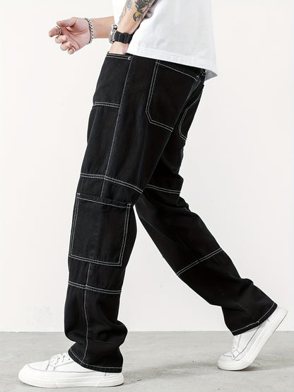 Mens Casual Cargo Pants with Spacious Pockets - Comfortable Straight Leg, Loose Fit Denim Style - Perfect for Outdoor Adventures, Trendy K-pop Inspired