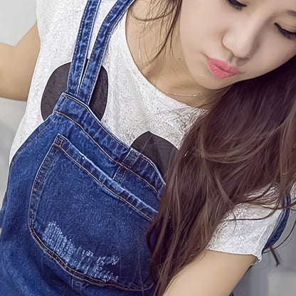 Ripped Denim Overall Dress with Patched Pockets - Trendy Washed Effect, Non-Stretch Casual Style - Perfect Womens Denim Clothing for Everyday Wear