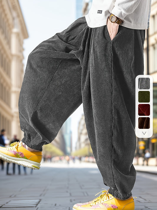 Super Loose Fit Mens Corduroy Trousers - Ultra Comfy Drawstring Harem Pants for Yoga, Streetwear - Soft Polyester, Solid Color, Regular Length, Non-Stretch, Perfect for Spring and Fall Seasons