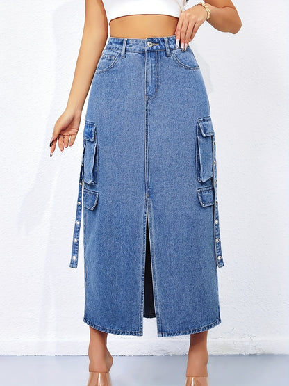 Chic Womens Denim Maxi Skirt - Stylish Utility Style with Practical Pockets, Fashionable Strap Detail, and Chic Front Split - Versatile, Comfortable, Full-Length