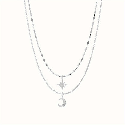 Celestial Glamour - Dainty 925 Sterling Silver Layered Choker Necklace with Star Moon Pendant for Women & Teen Girls - Adjustable, Fashion-Forward Design for Daily Wear or Special Events