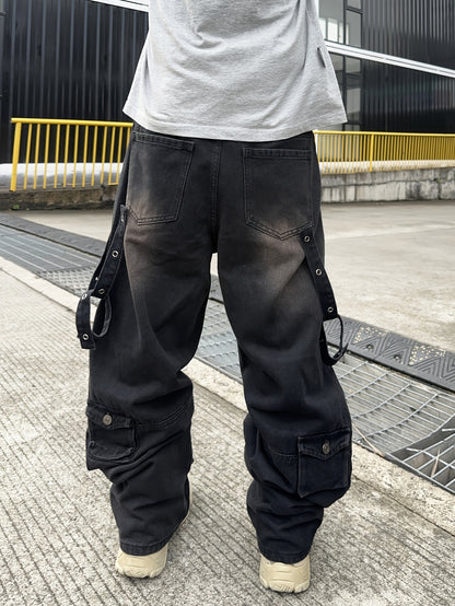 Men's Casual Loose Fit Cotton Denim Cargo Pants - All-Season Wear, Drawstring Waist