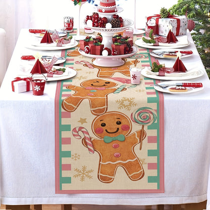 1pc, Christmas Gingerbread Man Table Runner, Pink Xmas Holiday Peppermint Candy Linen Tablecloth, Rectangular Burlap Home Decor, Indoor & Outdoor Party Supplies, Woven Cover, Kitchen & Dining Room Decor