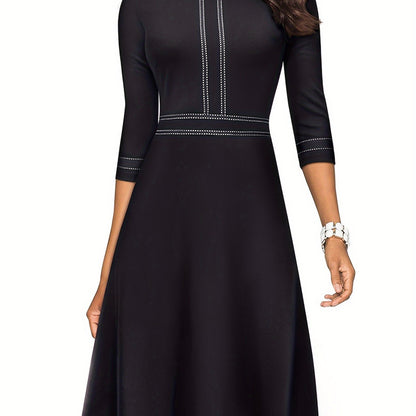 Chic Crew Neck A Line Dress with Flattering 3/4 Sleeves - Timeless Knee-Length Style for Multiple Occasions - Premium Womens Clothing