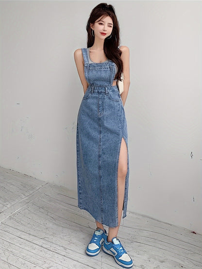 Womens Vintage Distressed Denim Overall Dress - Flattering Frayed Hem, Side Slit & Adjustable Suspender Straps - Fashion-Forward Streetwear Style for the Stylish Woman - Casual Chic, All Seasons Wear