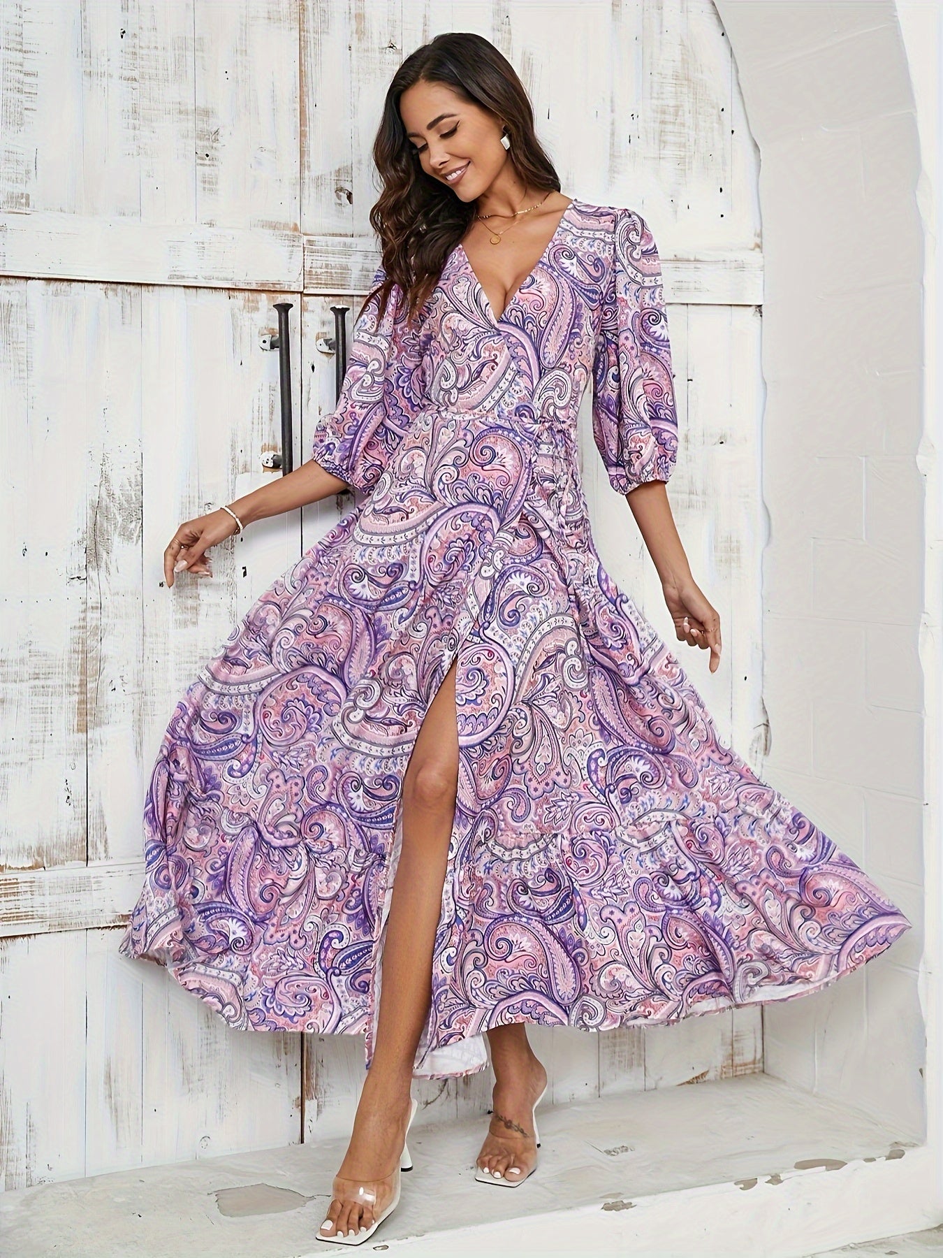 3/4 Sleeve Paisley Print Wrap Maxi Dress - Elegant V Neck, Adjustable Tied Waist, Dramatic Split, Floor-Sweeping Length, Bohemian Chic Style - Womens Clothing, Perfect for Boho Fashion Lovers