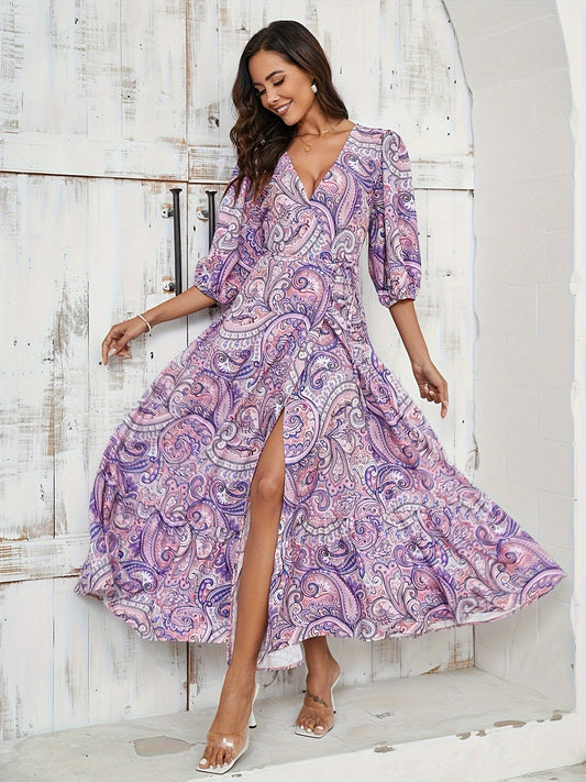 3/4 Sleeve Paisley Print Wrap Maxi Dress - Elegant V Neck, Adjustable Tied Waist, Dramatic Split, Floor-Sweeping Length, Bohemian Chic Style - Womens Clothing, Perfect for Boho Fashion Lovers